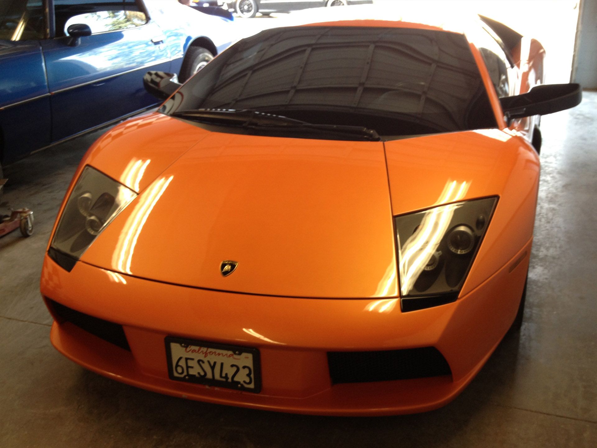 After shot, front view of orange Lambourghini